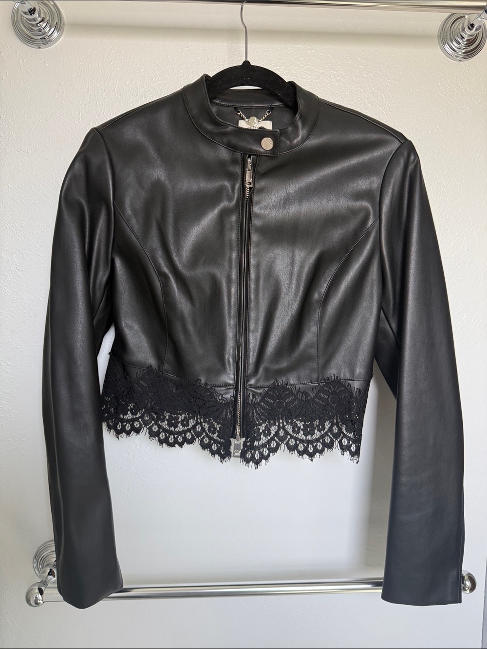 Italian Black Lace-Hem Vegan Leather Half Jacket